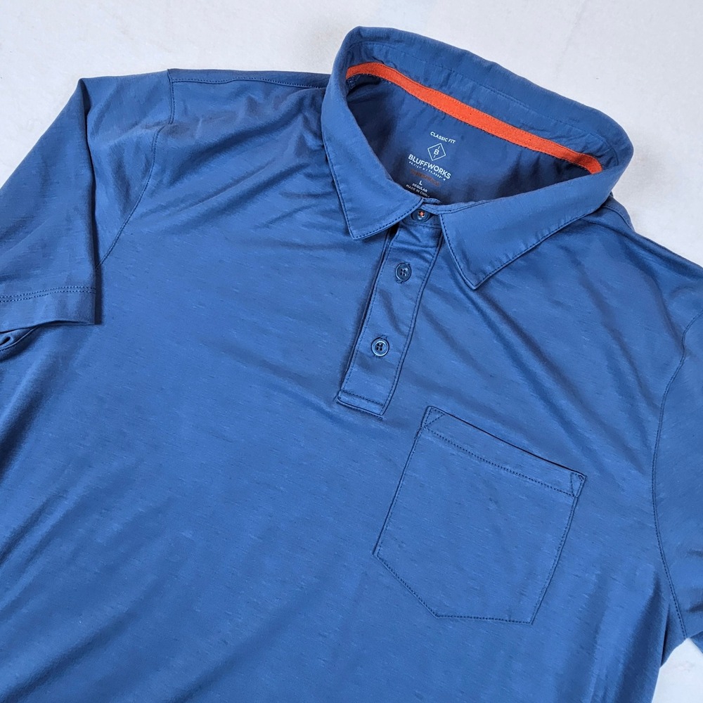 Bluffworks Threshold Polo Shirt Mens Large Blue Classic Fit Travel Pocket Short